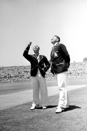 Captains Lindsay Hassett of Australia (left) and Freddie Brown of England at the toss of the 3rd Test of the Ashes series at the Sydney Cricket Ground on January 5, 1951.