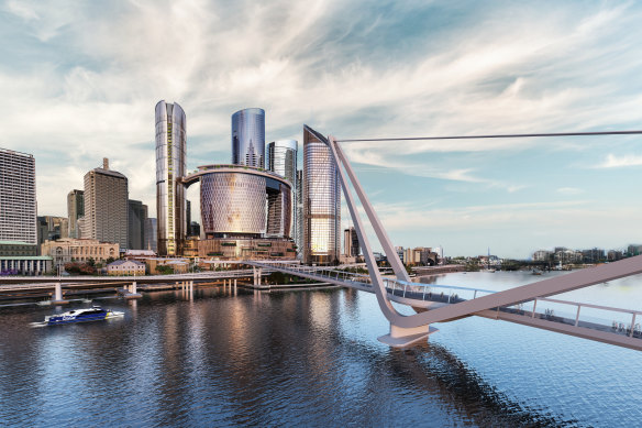 An artist’s impression of Queen’s Wharf Brisbane and the Neville Bonner Bridge, both under construction.