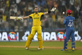 Maxwell celebrates after making a World Cup double century despite debilitating cramps.