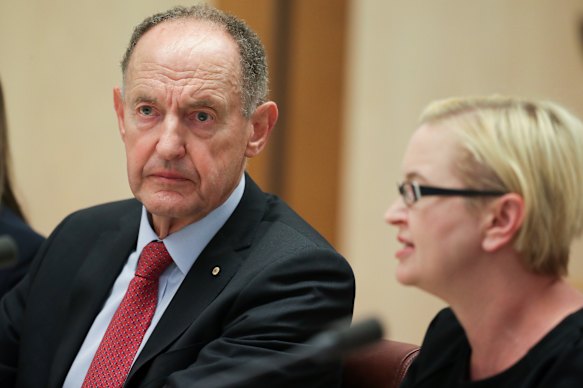 Great Barrier Reef Foundation chair John Schubert and managing director Anna Marsden at a Senate hearing this month.