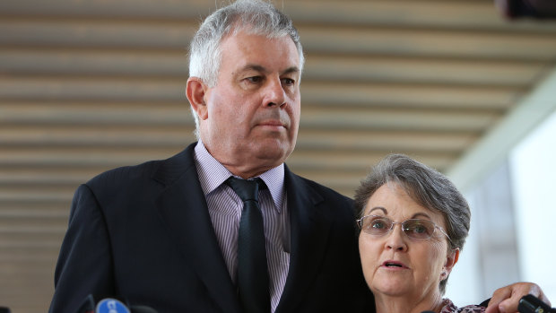 Timothy Pullen's parents, Gary and Leanne Pullen, outside the Brisbane Magistrates Court in last monthj.