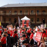 School teachers march along Macquarie Street in May. 