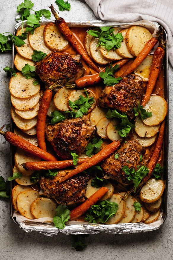 Yoghurt and spices lend Middle Eastern flair to this simple chicken tray bake.
