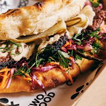 The Fold is the namesake sandwich made on a chargrilled Turkish flatbread. 