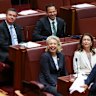 All smiles … Nationals senators Ross Cadell, Matt Canavan, Bridget McKenzie and Susan McDonald voting against the hate speech bill on Tuesday night.