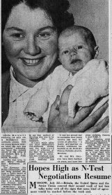 That was then: Judy Johnston on The Age's front page, July 23, 1963, holding baby Loretta, who was named Melbourne's 2 millionth citizen. 