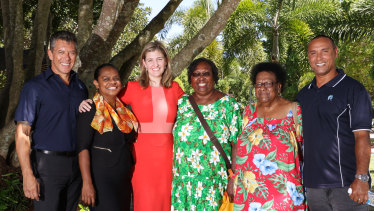 Torres Strait Regional Council CEO Bruce Ranga, Candidate for Cook Cynthia Lui, Ministerial Champion for the Torres Strait Shannon Fentiman MP, Aunty Ivy Trevallion, Aunty Rose Elu and Torres Strait Island mayor Fred Gela at the press conference on Wednesday.