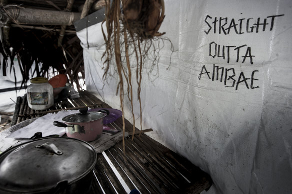 Straight outta Ambae written on the side of a makeshift house in Naone village, North Maewo, Vanautu. 