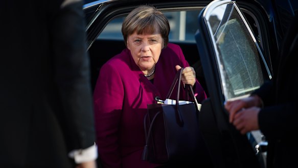 German Chancellor Angela Merkel arrives for  coalition talks between her Christian Democratic bloc and the Social Democratic party at the CDU headquarters in Berlin on  Tuesday.