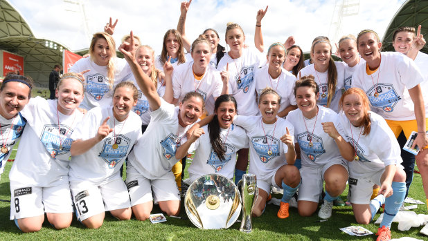 Melbourne City celebrate their 2016 W-League grand final victory, which Aivi Luik played in. 