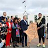 Prime Minister Anthony Albanese is presented with a letter written on kangaroo skin, urging the creation of a truth-telling process for national healing, by Travis Lovett, Executive Director of the University of Melbourne’s Centre for Truth Telling and Dialogue, and former deputy chair of the Yoorrook Justice Commission. 