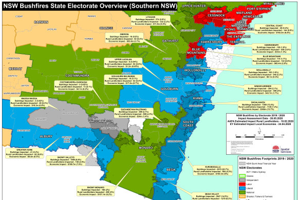 Southern NSW Map showing the impact of last summer’s bushfires on NSW electorates. 