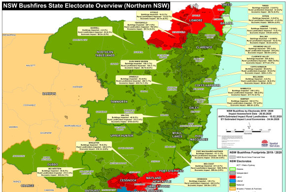 Northern NSW Map showing the impact of last summer’s bushfires on NSW electorates.