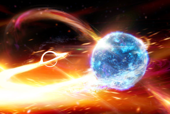 An artist’s impression of a black hole about to swallow a neutron star.