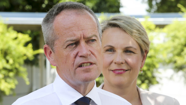 Opposition Leader Bill Shorten and deputy leader Tanya Plibersek speak to media outside Sunnybank Hills State School in Brisbane.