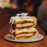 Sesame fried chicken, cheese, pickled zucchini and curry mayo sandwich.