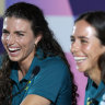 Jessica Fox (L) and Noemie Fox (R) of Australia speak to the media on Sunday in Paris.