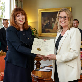 Jacinta Allan is sworn in as premier by Governor of Victoria Margaret Gardner at Government House.