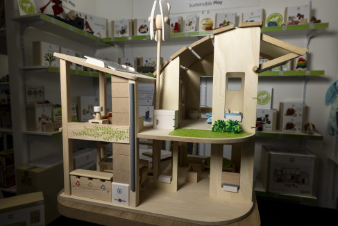 Seeking a new home: the Green dollhouse by PlanToys at the Toy Fair.