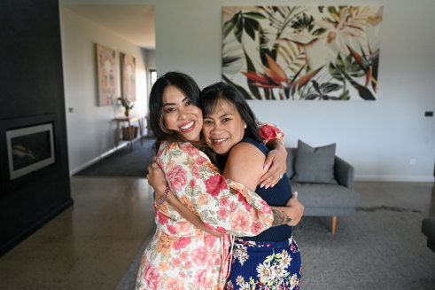 Together again: Rache Mahon with birth mother Nancy Loquinario at Mahon’s home in Ravenswood, Victoria.