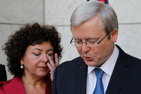 In June 2010, Thérèse Rein watches on as a sober Rudd speaks after being deposed.