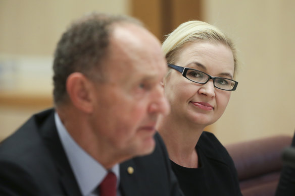 Great Barrier Reef Foundation chair John Schubert and managing director Anna Marsden at a Senate hearing this month.