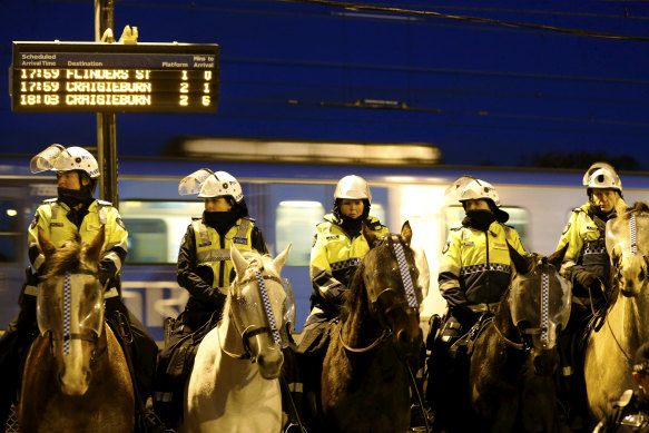 Police assemble at Broadmeadows train station to manage people protesting against Lauren Southern who is in Australia on a speaking tour.