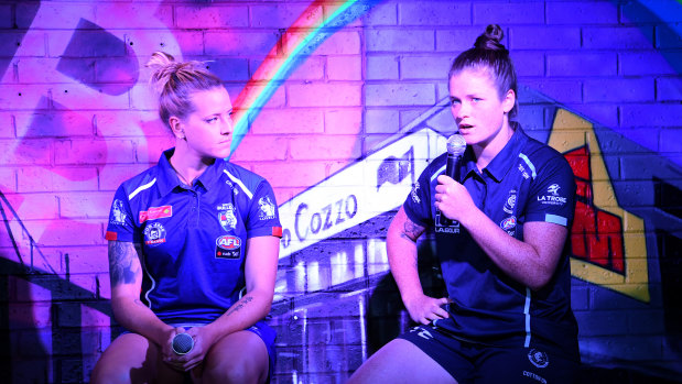 Brianna Davey (right) and Hannah Scott will face off in the AFLW Pride Game.