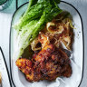Korean fried chicken with kimchi.