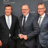 Prime Minister Anthony Albanese with Business Council of Australia chief executive Bran Black (left) and president Geoff Culbert on Tuesday night.