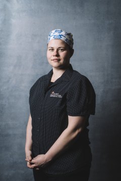 Stephanie Russell, a cleaner at Royal Melbourne Hospital, is among health care workers whose portrait is part of the Parkville photo gallery.