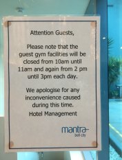 Mantra guests are forbidden to use the gym for two hours a day, while medevac refugees are using the facilities.