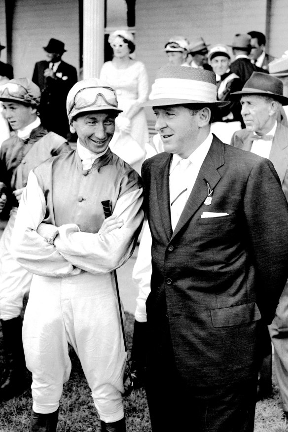 The champion pairing of jockey George Moore (left) and trainer Tommy Smith on Challenge Stakes Day at Randwick in January 1960.