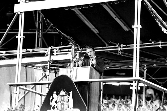Evangelist Billy Graham at his crusade at the Sydney Sportsground on 12 April 1959. 