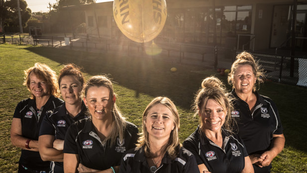 Footy for fun: Some of those signed up for the inaugural Women's AFL Masters, for over 30s: left to right: Annie Baldwin, Lianne Salerno, Naomi Rice, Lee Brown, Jill Chalmers and Breeze Smith.