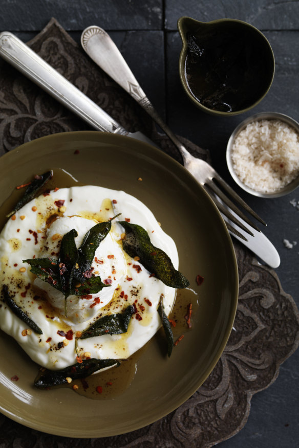 Neil Perry's recipe for Turkish poached eggs with Greek yogurt, sage and chili.