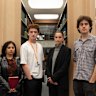 Students Esha Serai, Remus Brasier, Zoe Wilkinson and Monash Student Association president Leroy Van Schellebeck in the law library.
