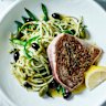 Nicoise pasta salad with seared tuna.