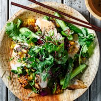 Coconut and coriander chicken with charred corn and cucumber salad. 