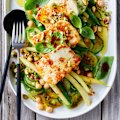 Green bean and chickpea salad with crispy halloumi and tajin dressing.