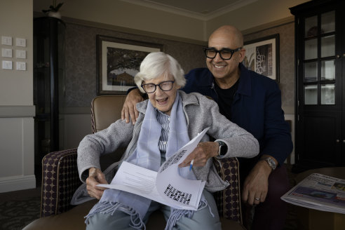 Cross-check: Nancy Sibtain’s son Dauid helps her submit crosswords.