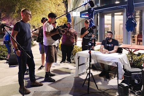 Louis Theroux on set with Amrou Fudl, known as Myron Gaines, for Inside the Manosphere. 