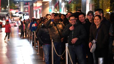 There was a healthy line outside Myer Bourke Street early on Tuesday morning.