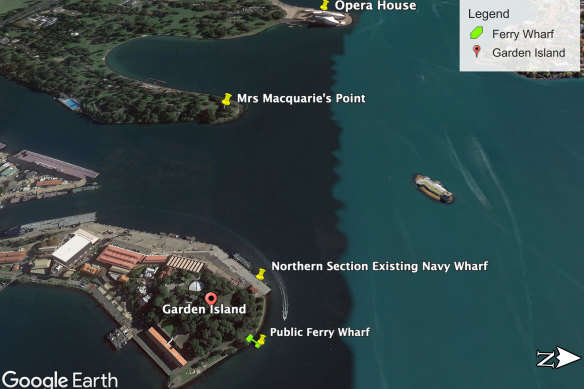 A sideview of Garden Island in relation to Mrs Macquarie's Point and the Opera House.