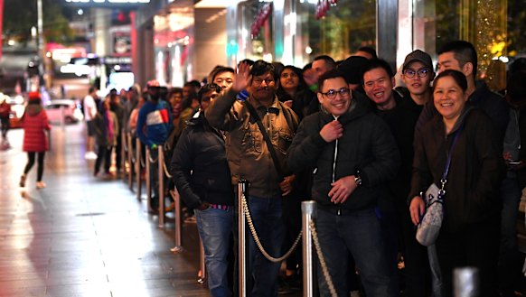 There was a healthy line outside Myer Bourke Street early on Tuesday morning.