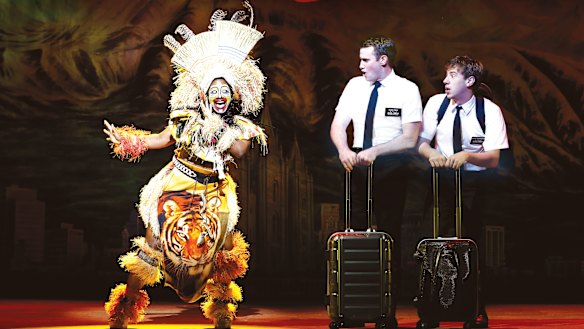 Phyre Hawkins, Ryan Bondy and A.J. Holmes in <em>The Book of Mormon</em>.
