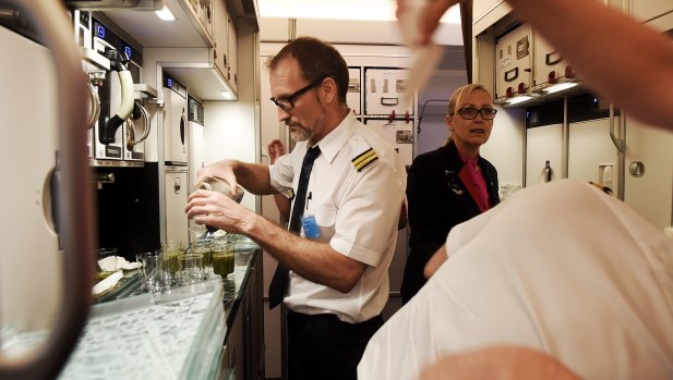 Airbus flight crew work in the galley of the  Airbus A350-1000 during its visit to Sydney. 