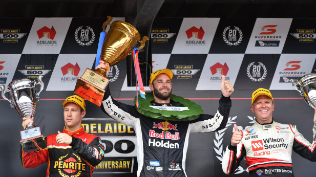 Perfect record: Shane van Gisbergen from Red Bull Holden Racing Team is flanked by David Reynolds from Erebus Penrite Racing (left) and Garth Tander from Wilson Security Racing GRM on the podium.