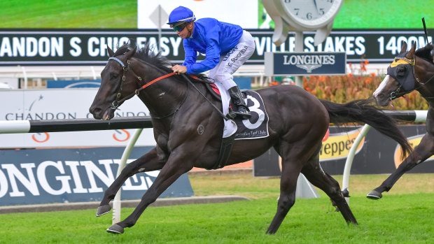 Too good: Kementari races to victory in the Hobartville Stakes at Rosehill.