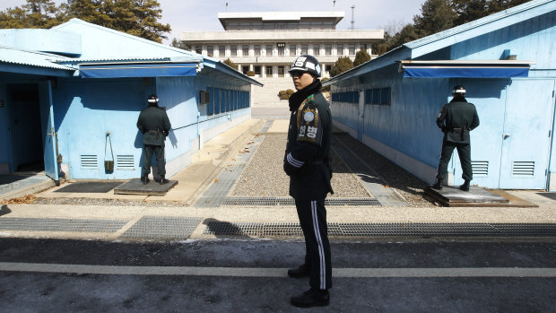 South Korean soldiers stand guard at the border village of Panmunjom in Paju, South Korea.